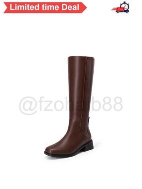 Knee High Riding Boots Square Toe Block Heel Side Zip Tall Boots